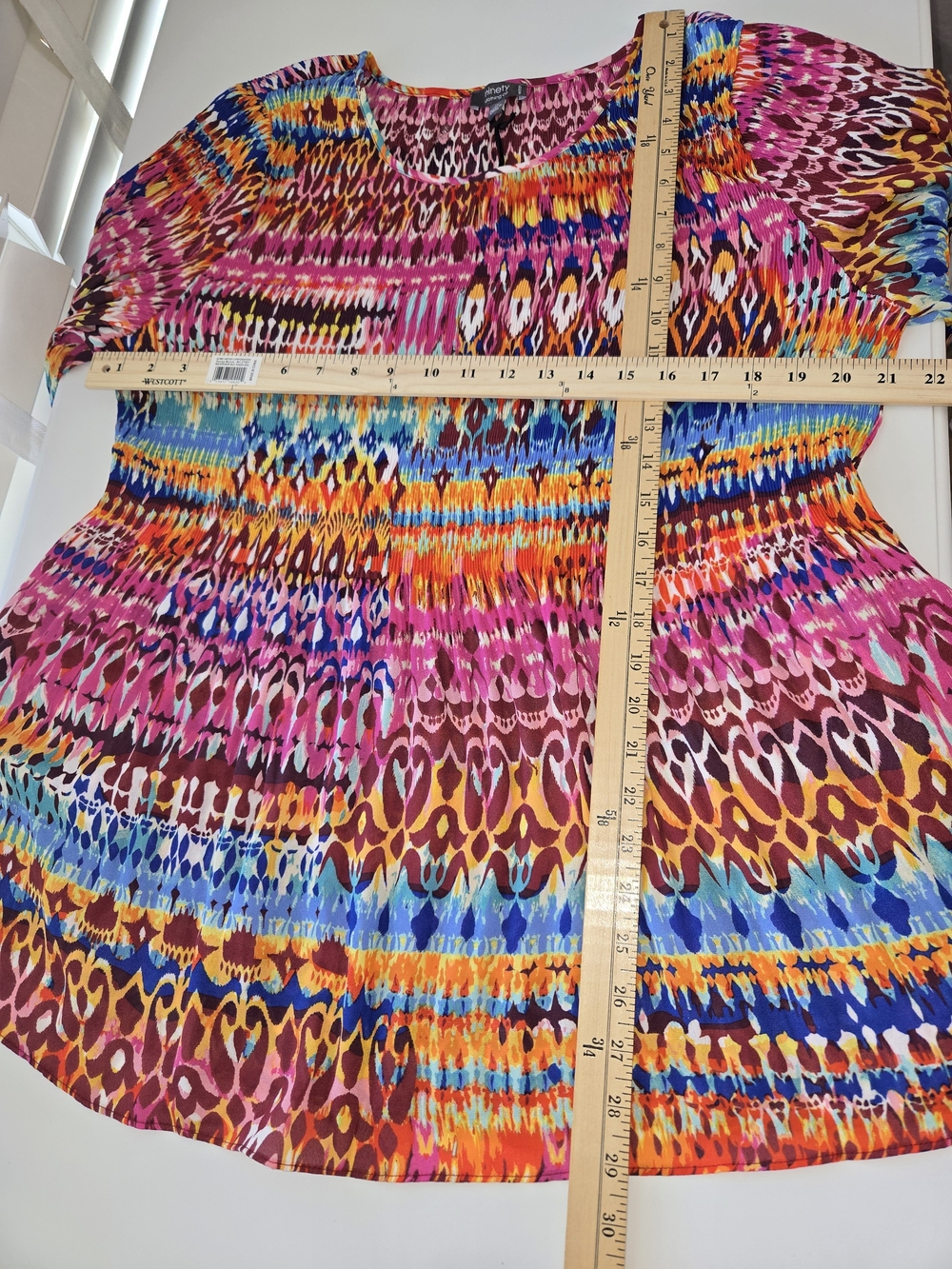 NWT Ninety Clothing Multi Color Geometric Ikat Print Pleated Boho Blouse 2X - Picture 11 of 16
